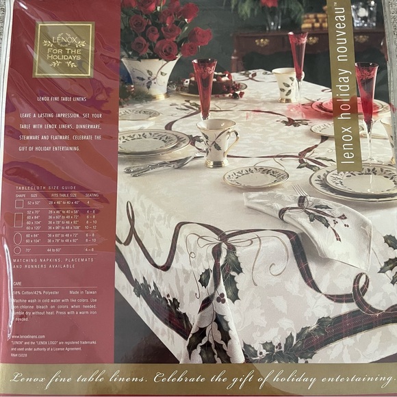 NEW Lenox for the Holidays Fine Linen Holly & Ribbons Oval Tablecloth 60” X 104” - Picture 3 of 6